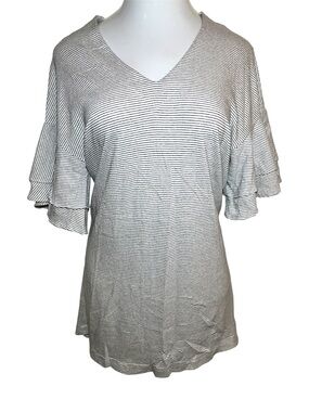Lucky Brand Black & White Striped V-Neck Ruffle Sleeve Top